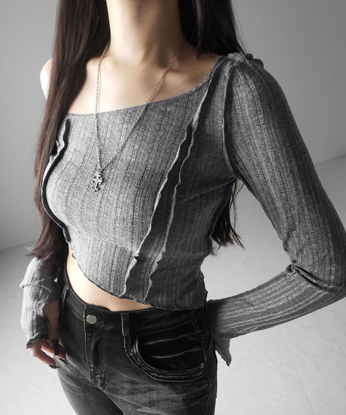 me+em select(ミームセレクト)の「※※【 3color 】アウトステッチワンショルシアーリブカットソートップス / outstitch one shoulder sheer rib cutsew tops(Tシャツ/カットソー・レディース・ホワイト/ブラック/グレー・FREE)」の10枚目の写真
