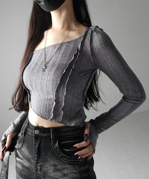 me+em select(ミームセレクト)の「※※【 3color 】アウトステッチワンショルシアーリブカットソートップス / outstitch one shoulder sheer rib cutsew tops(Tシャツ/カットソー・レディース・ホワイト/ブラック/グレー・FREE)」の11枚目の写真