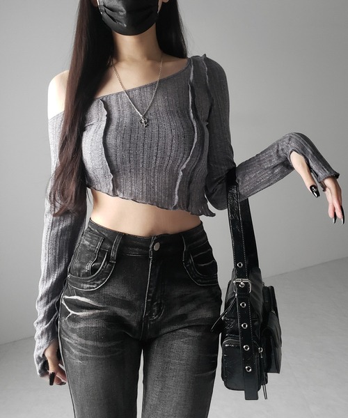 me+em select(ミームセレクト)の「※※【 3color 】アウトステッチワンショルシアーリブカットソートップス / outstitch one shoulder sheer rib cutsew tops(Tシャツ/カットソー・レディース・ホワイト/ブラック/グレー・FREE)」の12枚目の写真