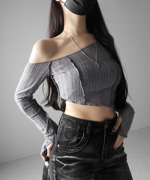 me+em select(ミームセレクト)の「※※【 3color 】アウトステッチワンショルシアーリブカットソートップス / outstitch one shoulder sheer rib cutsew tops(Tシャツ/カットソー・レディース・ホワイト/ブラック/グレー・FREE)」の13枚目の写真