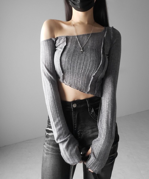 me+em select(ミームセレクト)の「※※【 3color 】アウトステッチワンショルシアーリブカットソートップス / outstitch one shoulder sheer rib cutsew tops(Tシャツ/カットソー・レディース・ホワイト/ブラック/グレー・FREE)」の14枚目の写真