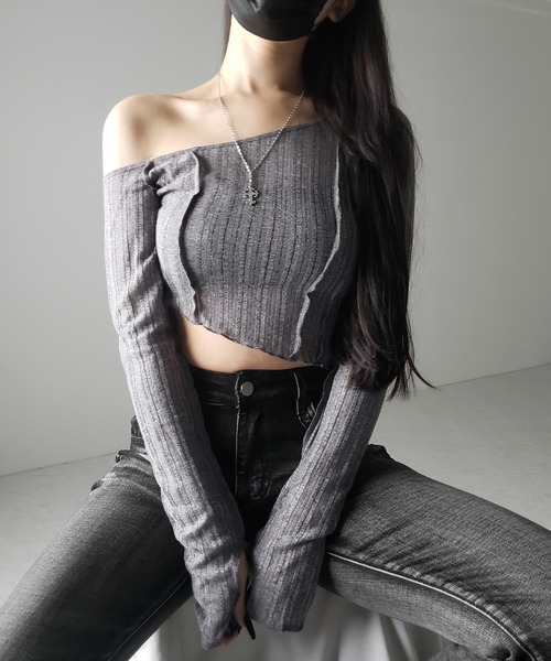 me+em select(ミームセレクト)の「※※【 3color 】アウトステッチワンショルシアーリブカットソートップス / outstitch one shoulder sheer rib cutsew tops(Tシャツ/カットソー・レディース・ホワイト/ブラック/グレー・FREE)」の15枚目の写真