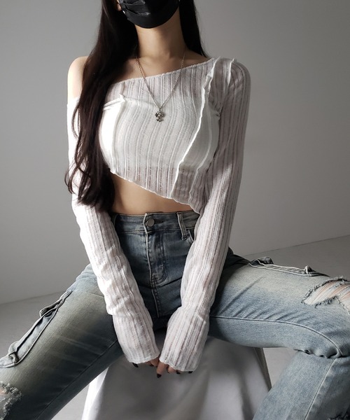 me+em select(ミームセレクト)の「※※【 3color 】アウトステッチワンショルシアーリブカットソートップス / outstitch one shoulder sheer rib cutsew tops(Tシャツ/カットソー・レディース・ホワイト/ブラック/グレー・FREE)」の18枚目の写真