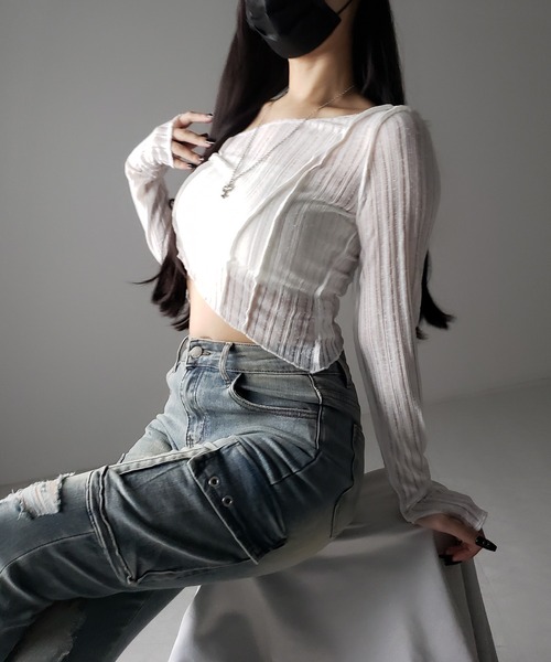 me+em select(ミームセレクト)の「※※【 3color 】アウトステッチワンショルシアーリブカットソートップス / outstitch one shoulder sheer rib cutsew tops(Tシャツ/カットソー・レディース・ホワイト/ブラック/グレー・FREE)」の19枚目の写真