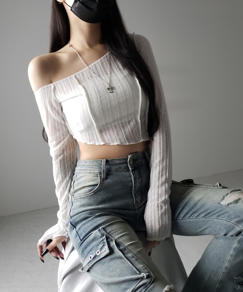 me+em select(ミームセレクト)の「※※【 3color 】アウトステッチワンショルシアーリブカットソートップス / outstitch one shoulder sheer rib cutsew tops(Tシャツ/カットソー・レディース・ホワイト/ブラック/グレー・FREE)」の20枚目の写真