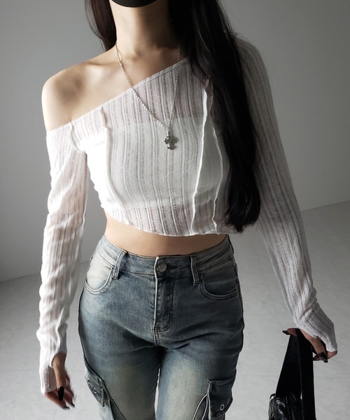 me+em select(ミームセレクト)の「※※【 3color 】アウトステッチワンショルシアーリブカットソートップス / outstitch one shoulder sheer rib cutsew tops(Tシャツ/カットソー・レディース・ホワイト/ブラック/グレー・FREE)」の21枚目の写真