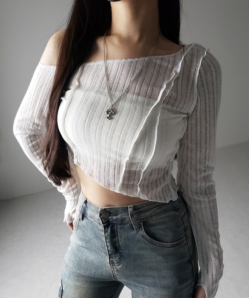 me+em select(ミームセレクト)の「※※【 3color 】アウトステッチワンショルシアーリブカットソートップス / outstitch one shoulder sheer rib cutsew tops(Tシャツ/カットソー・レディース・ホワイト/ブラック/グレー・FREE)」の22枚目の写真