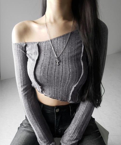 me+em select(ミームセレクト)の「※※【 3color 】アウトステッチワンショルシアーリブカットソートップス / outstitch one shoulder sheer rib cutsew tops(Tシャツ/カットソー・レディース・ホワイト/ブラック/グレー・FREE)」の6枚目の写真
