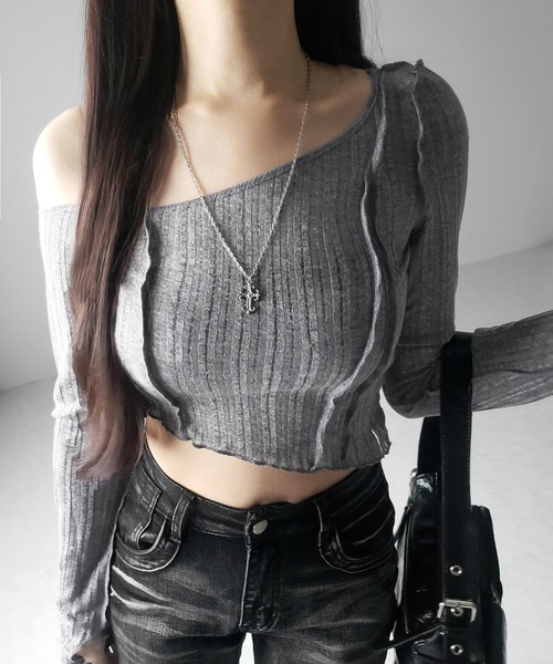 me+em select(ミームセレクト)の「※※【 3color 】アウトステッチワンショルシアーリブカットソートップス / outstitch one shoulder sheer rib cutsew tops(Tシャツ/カットソー・レディース・ホワイト/ブラック/グレー・FREE)」の7枚目の写真