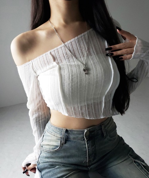 me+em select(ミームセレクト)の「※※【 3color 】アウトステッチワンショルシアーリブカットソートップス / outstitch one shoulder sheer rib cutsew tops(Tシャツ/カットソー・レディース・ホワイト/ブラック/グレー・FREE)」の16枚目の写真