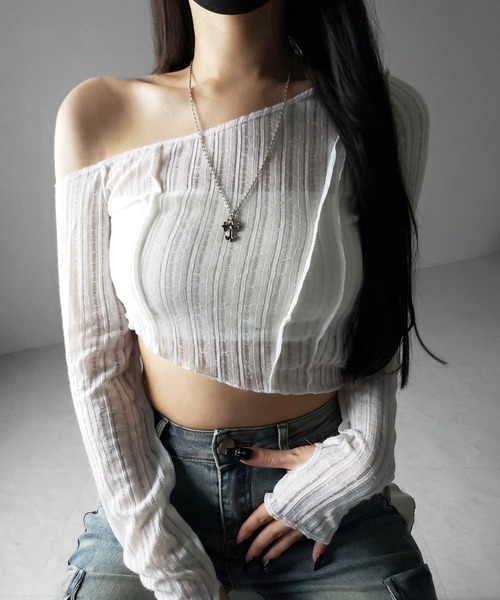 me+em select(ミームセレクト)の「※※【 3color 】アウトステッチワンショルシアーリブカットソートップス / outstitch one shoulder sheer rib cutsew tops(Tシャツ/カットソー・レディース・ホワイト/ブラック/グレー・FREE)」の17枚目の写真