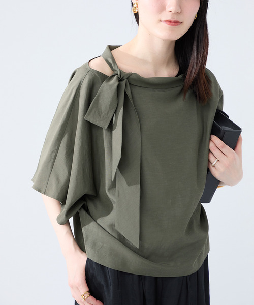 ヴェルメイユ パー イエナ 25SS アシンメトリーリボンブラウス シャツ 麻 VERMEIL par iena（ヴェルメイユパーイエナ）の「アシンメトリーリボン
