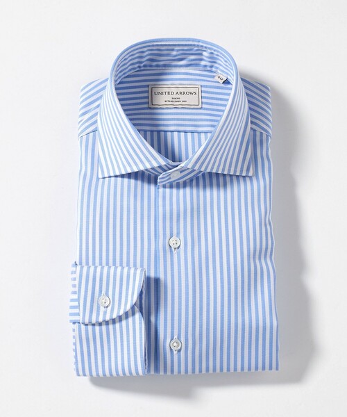 UNITED ARROWS ライトブルー M ビジネスシャツ イージーケア AG パナマストライプ ワイドスプレッドカラー