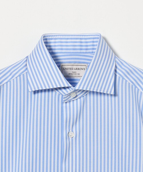 UNITED ARROWS ライトブルー M ビジネスシャツ イージーケア AG パナマストライプ ワイドスプレッドカラー