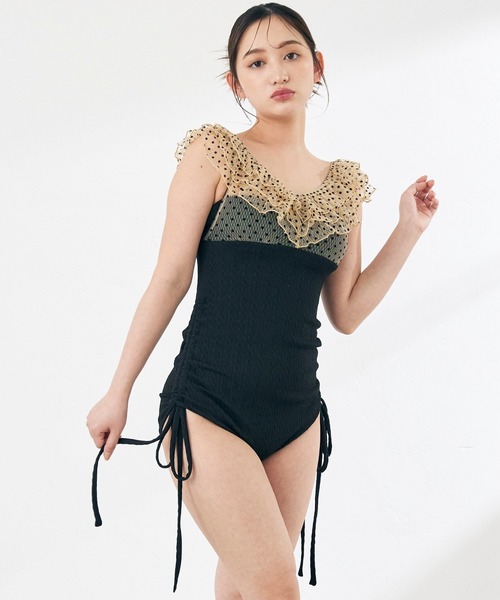 2025新作》【swimwear/体型カバー】ドットチュールワンピーススイム