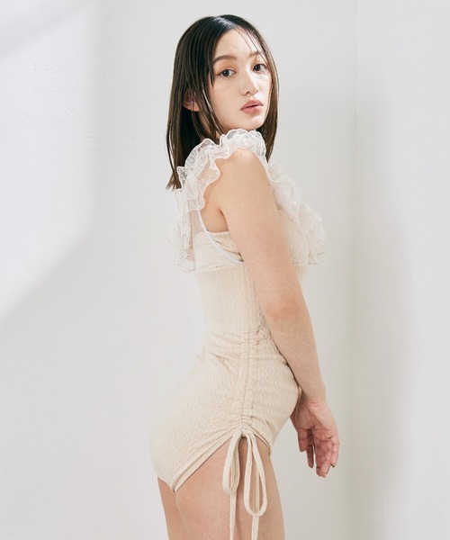 2025新作》【swimwear/体型カバー】ドットチュールワンピース
