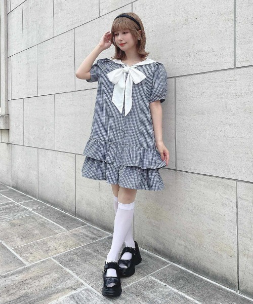 F i.n.t(フィント)の「ローウエストセーラーチェックシャツワンピース【1枚で快適】夏服(シャツワンピース・レディース・ライトグリーン/ネイビー×ホワイト・FREE)」の2枚目の写真
