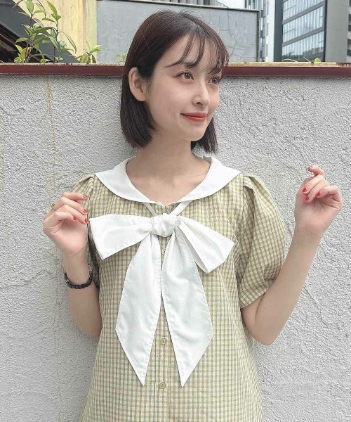 F i.n.t(フィント)の「ローウエストセーラーチェックシャツワンピース【1枚で快適】夏服(シャツワンピース・レディース・ライトグリーン/ネイビー×ホワイト・FREE)」の4枚目の写真