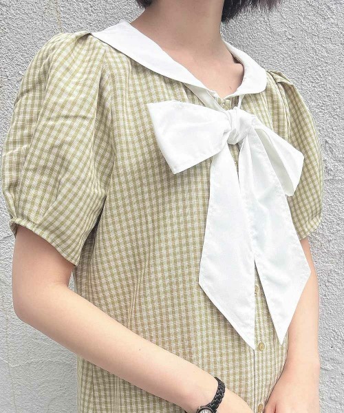 F i.n.t(フィント)の「ローウエストセーラーチェックシャツワンピース【1枚で快適】夏服(シャツワンピース・レディース・ライトグリーン/ネイビー×ホワイト・FREE)」の5枚目の写真