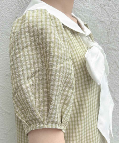 F i.n.t(フィント)の「ローウエストセーラーチェックシャツワンピース【1枚で快適】夏服(シャツワンピース・レディース・ライトグリーン/ネイビー×ホワイト・FREE)」の6枚目の写真