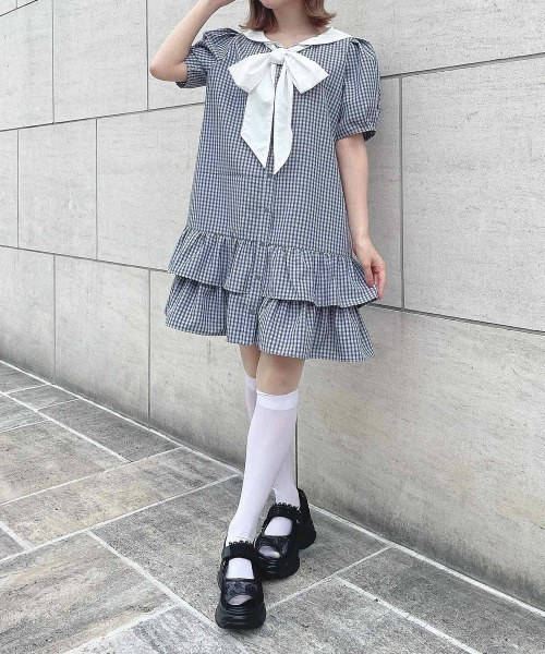 F i.n.t(フィント)の「ローウエストセーラーチェックシャツワンピース【1枚で快適】夏服(シャツワンピース・レディース・ライトグリーン/ネイビー×ホワイト・FREE)」の20枚目の写真