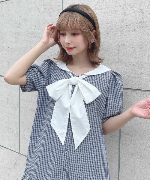 F i.n.t(フィント)の「ローウエストセーラーチェックシャツワンピース【1枚で快適】夏服(シャツワンピース・レディース・ライトグリーン/ネイビー×ホワイト・FREE)」の21枚目の写真