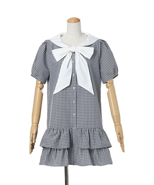 F i.n.t(フィント)の「ローウエストセーラーチェックシャツワンピース【1枚で快適】夏服(シャツワンピース・レディース・ライトグリーン/ネイビー×ホワイト・FREE)」の14枚目の写真
