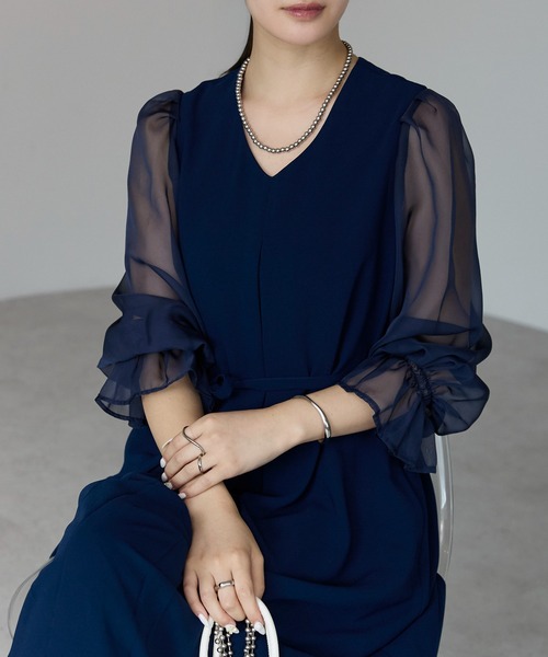 PREFERIR(プレフェリール)の「【結婚式・冠婚葬祭・オケージョン】細見え Aライン シアースリーブ ロング丈 フレア パーティードレス(S,M,L,XL)(ドレス・レディース・ネイビー/ブラック・SMALL/MEDIUM/LARGE/X-LARGE)」の10枚目の写真