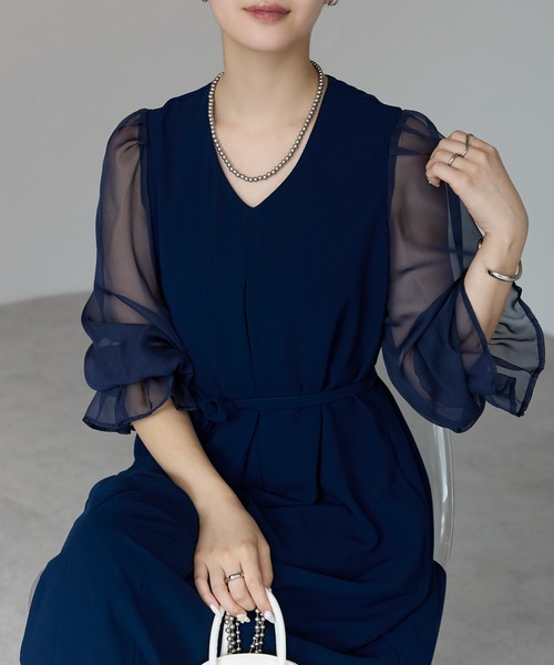 PREFERIR(プレフェリール)の「【結婚式・冠婚葬祭・オケージョン】細見え Aライン シアースリーブ ロング丈 フレア パーティードレス(S,M,L,XL)(ドレス・レディース・ネイビー/ブラック・SMALL/MEDIUM/LARGE/X-LARGE)」の11枚目の写真