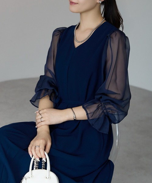 PREFERIR(プレフェリール)の「【結婚式・冠婚葬祭・オケージョン】細見え Aライン シアースリーブ ロング丈 フレア パーティードレス(S,M,L,XL)(ドレス・レディース・ネイビー/ブラック・SMALL/MEDIUM/LARGE/X-LARGE)」の12枚目の写真