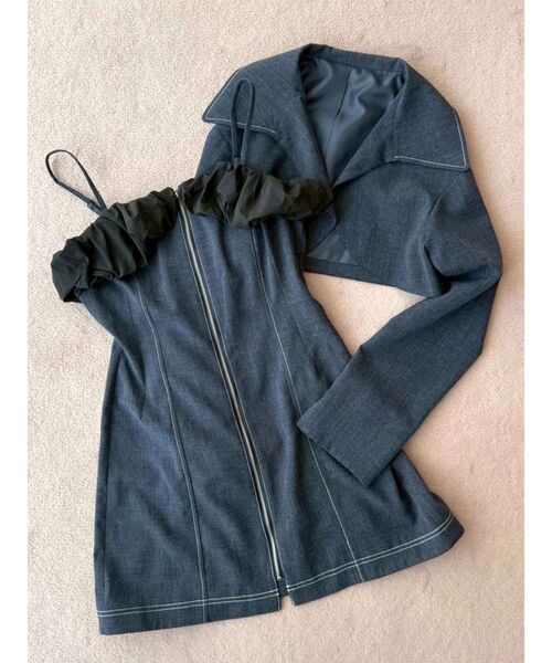 CALNAMUR(カルナムール)の「クロップドジャケット&ミニワンピースセット(ワンピース・レディース・グレー/ブルー・FREE)」の1枚目の写真