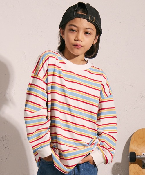 PAIRMANON STREET（ペアマノンストリート）の「ボーダー 長袖 Tシャツ【PAIRMANON STREET】（Tシャツ/カットソー・キッズ・グレー/ブラウン/パープル/ネイビー/ホワイト/ブラック/ホワイト系その他/グリーン・110/120/130/140/150/160/90/100）」の2枚目の写真