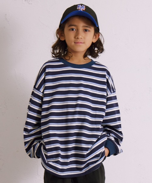 PAIRMANON STREET（ペアマノンストリート）の「ボーダー 長袖 Tシャツ【PAIRMANON STREET】（Tシャツ/カットソー・キッズ・グレー/ブラウン/パープル/ネイビー/ホワイト/ブラック/ホワイト系その他/グリーン・110/120/130/140/150/160/90/100）」の7枚目の写真