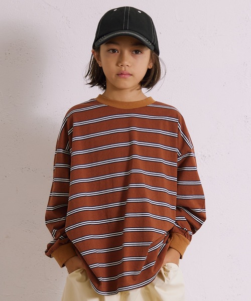 PAIRMANON STREET（ペアマノンストリート）の「ボーダー 長袖 Tシャツ【PAIRMANON STREET】（Tシャツ/カットソー・キッズ・グレー/ブラウン/パープル/ネイビー/ホワイト/ブラック/ホワイト系その他/グリーン・110/120/130/140/150/160/90/100）」の5枚目の写真