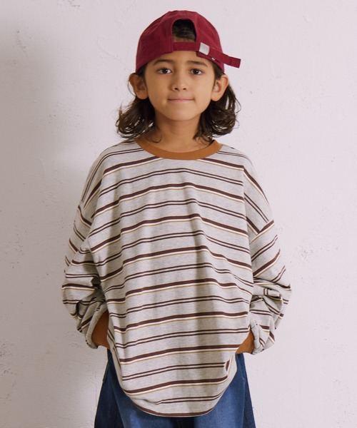 PAIRMANON STREET（ペアマノンストリート）の「ボーダー 長袖 Tシャツ【PAIRMANON STREET】（Tシャツ/カットソー・キッズ・グレー/ブラウン/パープル/ネイビー/ホワイト/ブラック/ホワイト系その他/グリーン・110/120/130/140/150/160/90/100）」の4枚目の写真