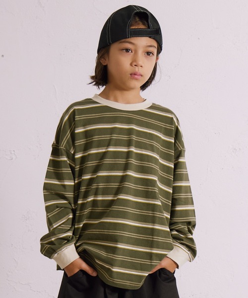 PAIRMANON STREET（ペアマノンストリート）の「ボーダー 長袖 Tシャツ【PAIRMANON STREET】（Tシャツ/カットソー・キッズ・グレー/ブラウン/パープル/ネイビー/ホワイト/ブラック/ホワイト系その他/グリーン・110/120/130/140/150/160/90/100）」の6枚目の写真