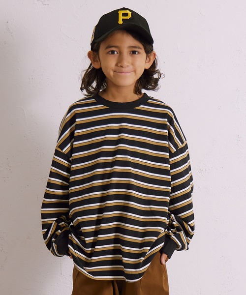 PAIRMANON STREET（ペアマノンストリート）の「ボーダー 長袖 Tシャツ【PAIRMANON STREET】（Tシャツ/カットソー・キッズ・グレー/ブラウン/パープル/ネイビー/ホワイト/ブラック/ホワイト系その他/グリーン・110/120/130/140/150/160/90/100）」の3枚目の写真