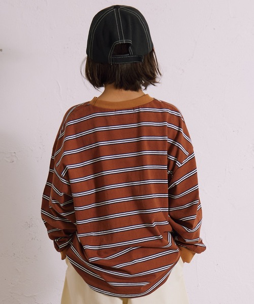 PAIRMANON STREET（ペアマノンストリート）の「ボーダー 長袖 Tシャツ【PAIRMANON STREET】（Tシャツ/カットソー・キッズ・グレー/ブラウン/パープル/ネイビー/ホワイト/ブラック/ホワイト系その他/グリーン・110/120/130/140/150/160/90/100）」の12枚目の写真