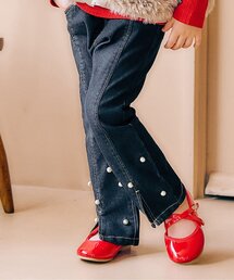 apres les cours（アプレレクール）の「【スリット】裾パール・ラインストーン フレアきゅんパンツ_ジュニア対応（デニムパンツ・キッズ）」