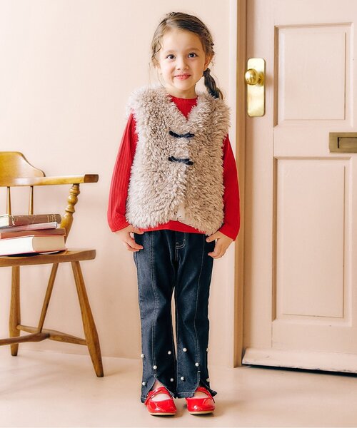 apres les cours（アプレレクール）の「【スリット】裾パール・ラインストーン フレアきゅんパンツ_ジュニア対応（デニムパンツ・キッズ・ブラック/ブルー・90/100/110/120/130/140）」の13枚目の写真