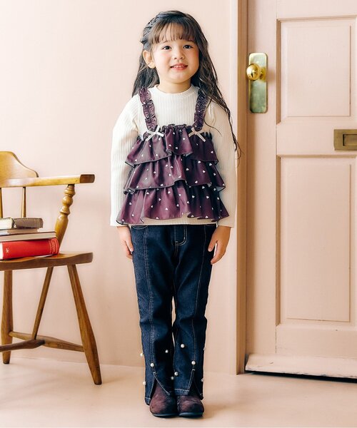 apres les cours（アプレレクール）の「【スリット】裾パール・ラインストーン フレアきゅんパンツ_ジュニア対応（デニムパンツ・キッズ・ブラック/ブルー・90/100/110/120/130/140）」の15枚目の写真