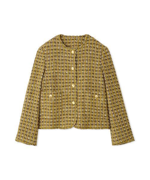 【極美品】ミラオーウェン ツイードノーカラージャケット 金ボタン ベージュ 新品】ミラオーウェン ニットツイードノーカラージャケット 金