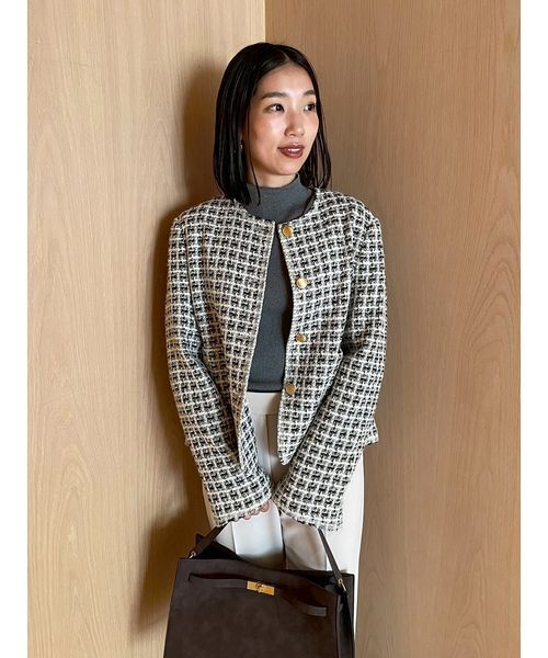 ミラオーウェン パッチポケット 金ボタン ロングツイードジャケット ノーカラー Mila Owen（ミラオーウェン）の「パッチポケット金ボタンロング