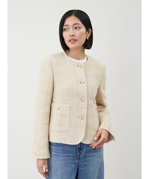 【美品】Mila Owenツィードジャケット 金釦パッチポケットコンパクトツィードジャケット（ノーカラー