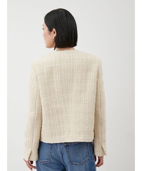 ミラオーウェン パッチポケット 金ボタン ロングツイードジャケット ノーカラー ミラオーウェン パッチポケット 金ボタン ロングツイード