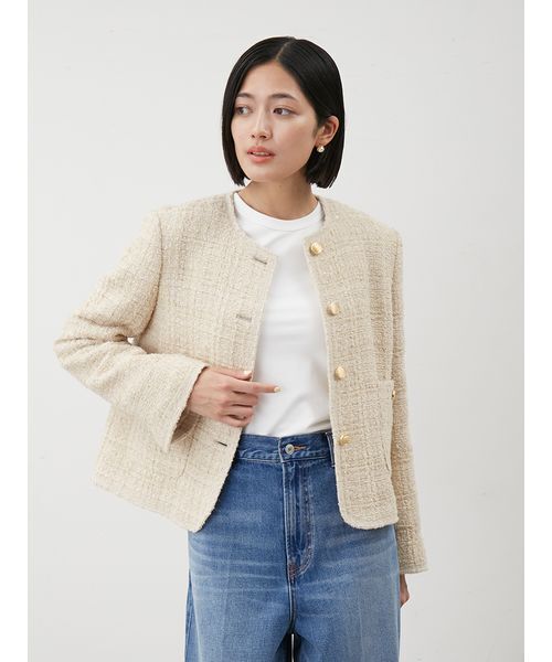 金釦パッチポケットコンパクトツィードジャケット（ノーカラー