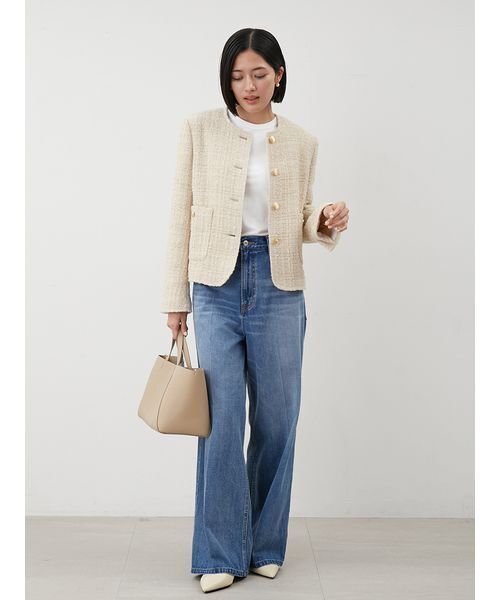 金釦パッチポケットコンパクトツィードジャケット（ノーカラー