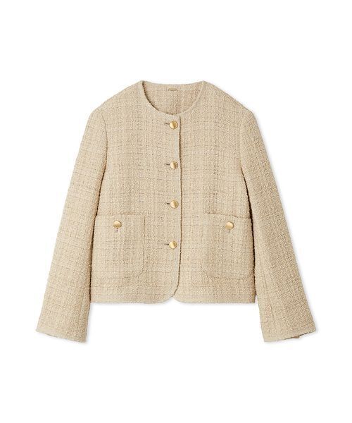 【極美品】ミラオーウェン ツイードノーカラージャケット 金ボタン ベージュ 新品】ミラオーウェン ニットツイードノーカラージャケット 金