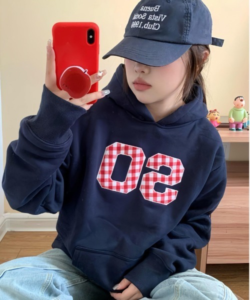 WEGO(ウィゴー)の「WEGO/チェックナンバリングプリントフーディートップス/パーカー(パーカー・レディース・ネイビー・MEDIUM/LARGE)」の6枚目の写真