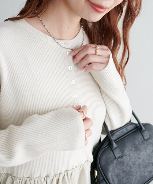 腰回りカバー/着映え】別地切替ペプラムヘンリープルオーバー（ニット